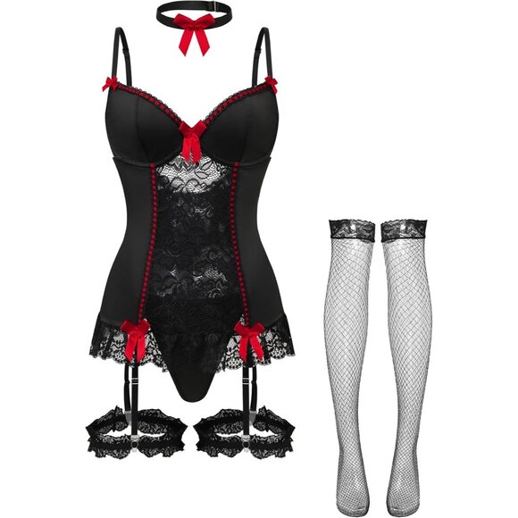 Sexy Floral Lace Garter Belt Babydoll Corset Push Up Black Red #2 Lingerie Set - Picture 5 of 7